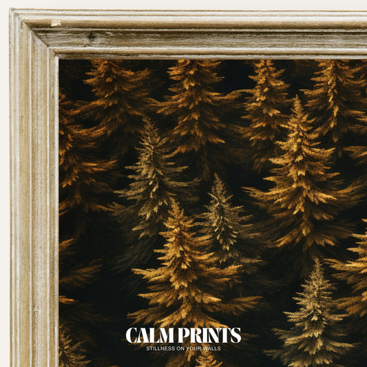 Top-down print of an autumn forest with rich conifer textures