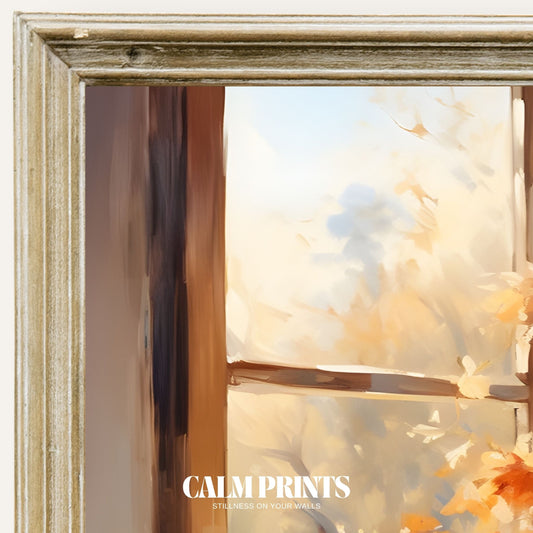 Print of a quiet reading nook by the window bathed in soft autumn light