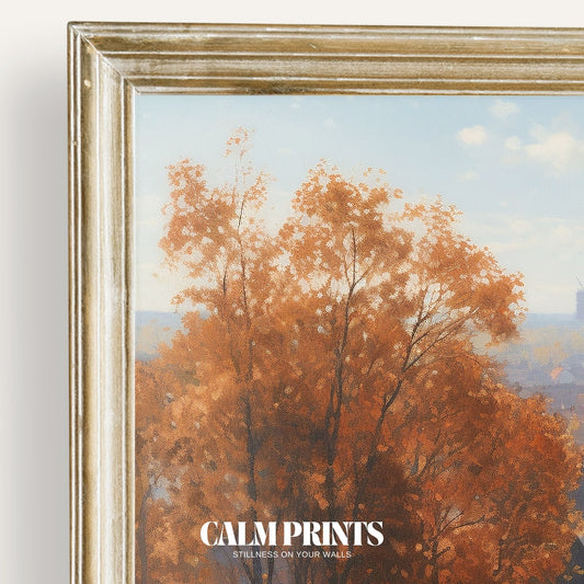 Art print of cosy city streets framed by colourful autumn foliage