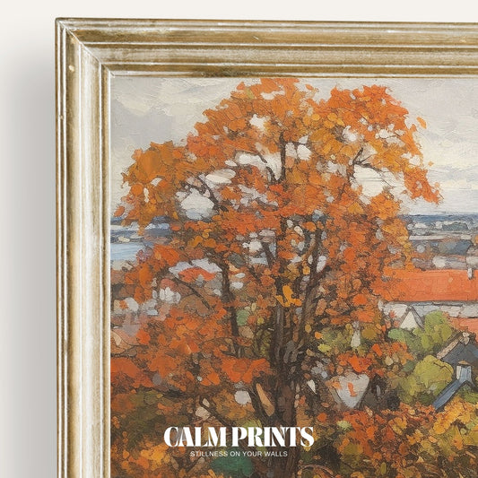 Print of a quiet town street dressed in the warm colours of autumn