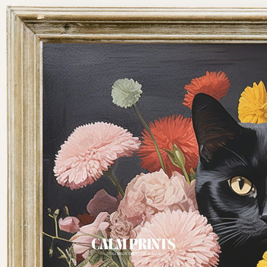 Print of a sweet black cat surrounded by fresh springtime blooms