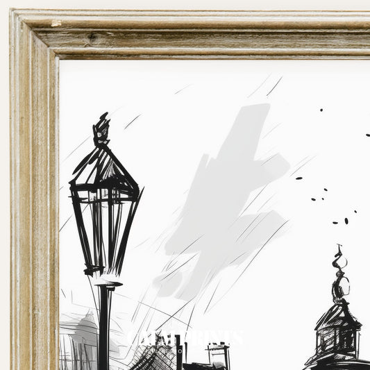 Black and white print of a peaceful city street with historic façades