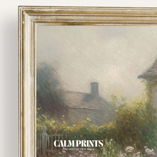 Print of a blooming garden surrounding a cosy countryside cottage