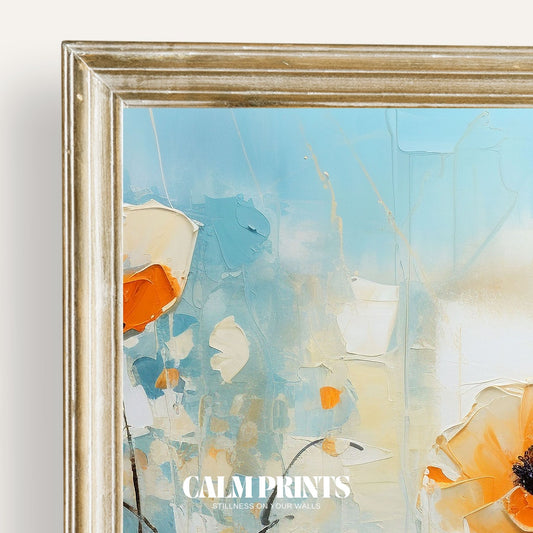 Elegant abstract floral art with orange blossoms on blue canvas