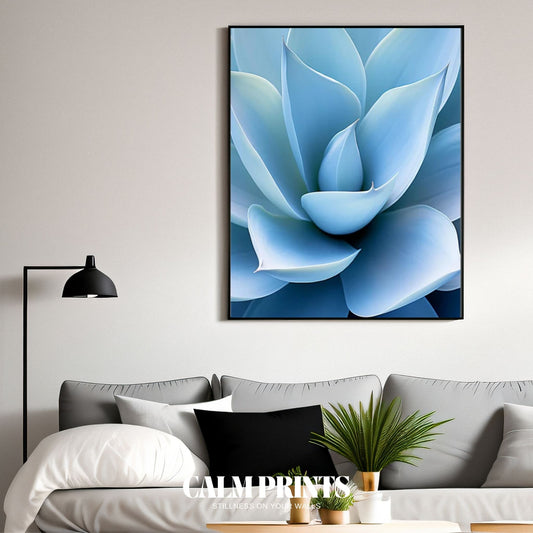 Photographic poster of a blue succulent in crisp close-up detail
