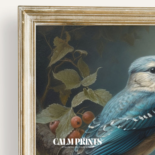 Nature print of blue jays among red berries on delicate branches