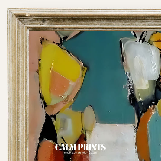 Art print of abstract human figures in bold and vibrant colours