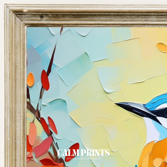 Print of a bright bird resting on a blooming branch full of soft flowers