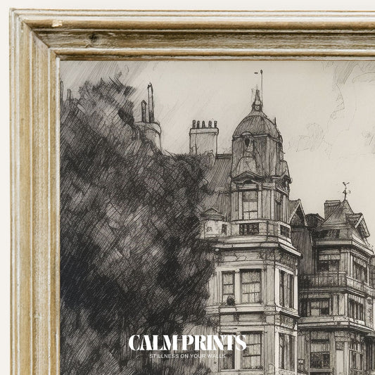 Print of a bustling city street filled with architectural detail and life