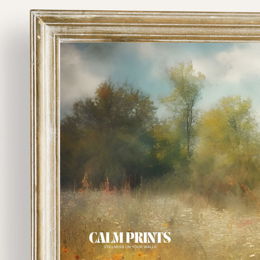 Calm meadow filled with blooming wildflowers under a serene sky