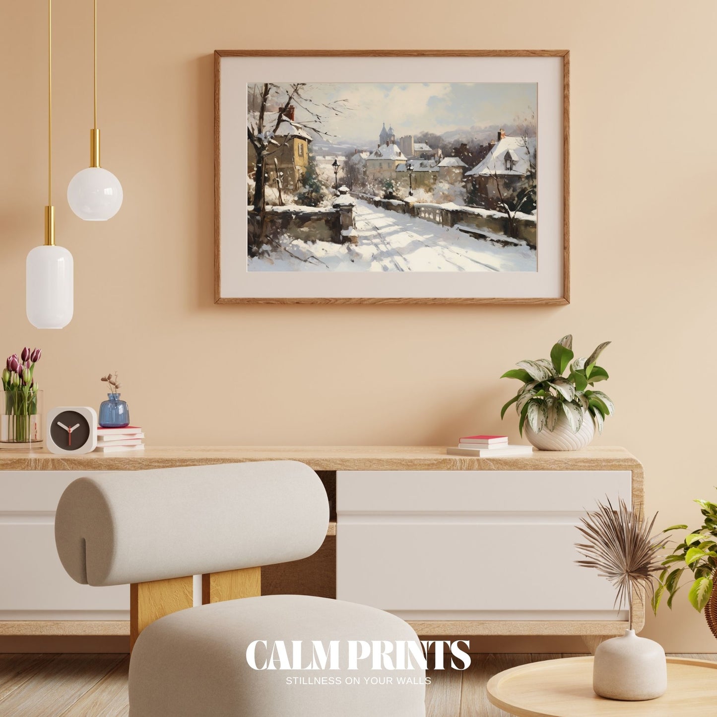 Art capturing a calm winter evening in a charming countryside village