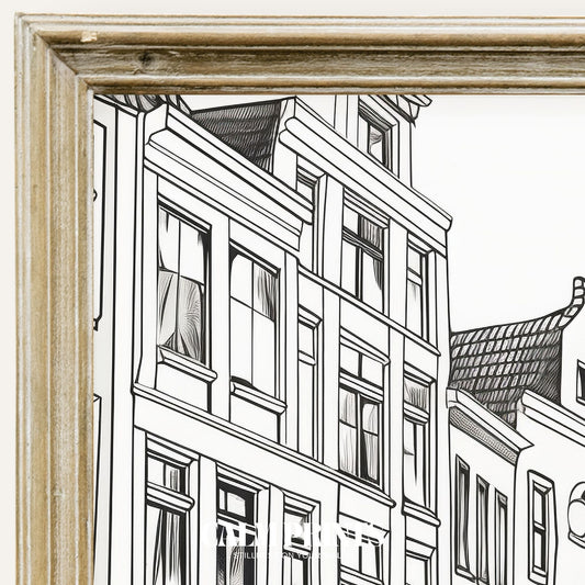 Black and white line drawing of charming canal houses along the water