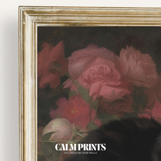 Print of a black cat surrounded by blooming flowers in a garden haven