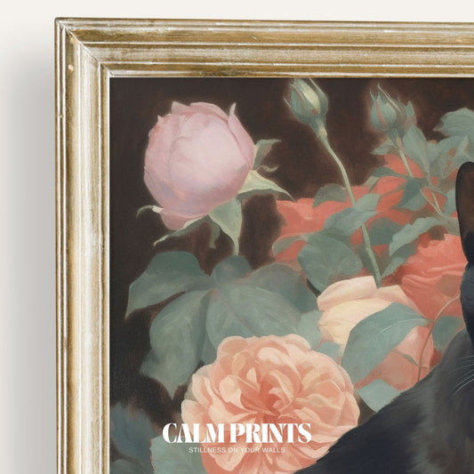Art print of a curious black cat resting quietly in a rose bush