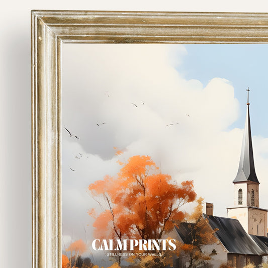 Peaceful church nestled beside a quiet creek in full autumn colour