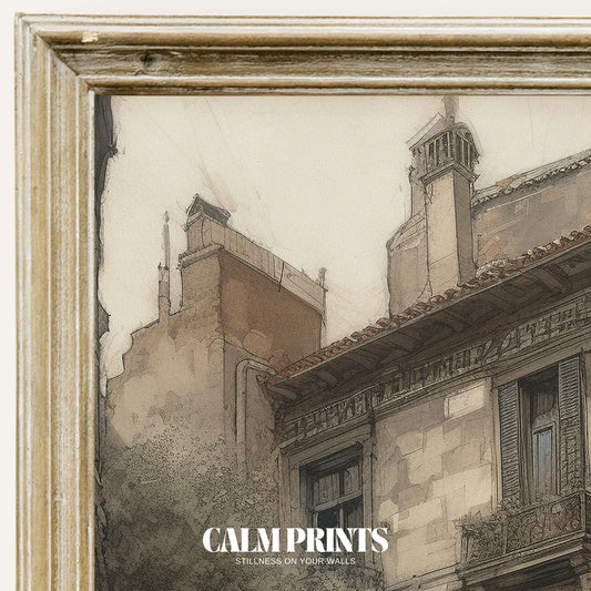 Art print of a city street illustrated in a delicate and expressive sketch