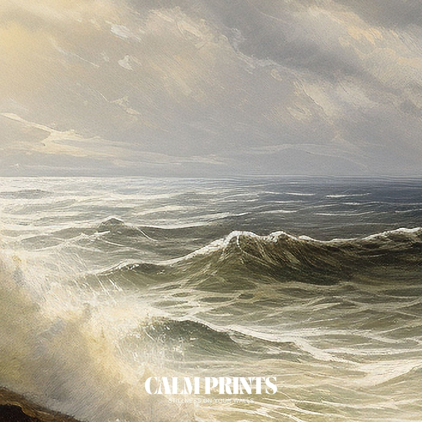 Scene of coastal tranquillity where waves meet the rocky shore