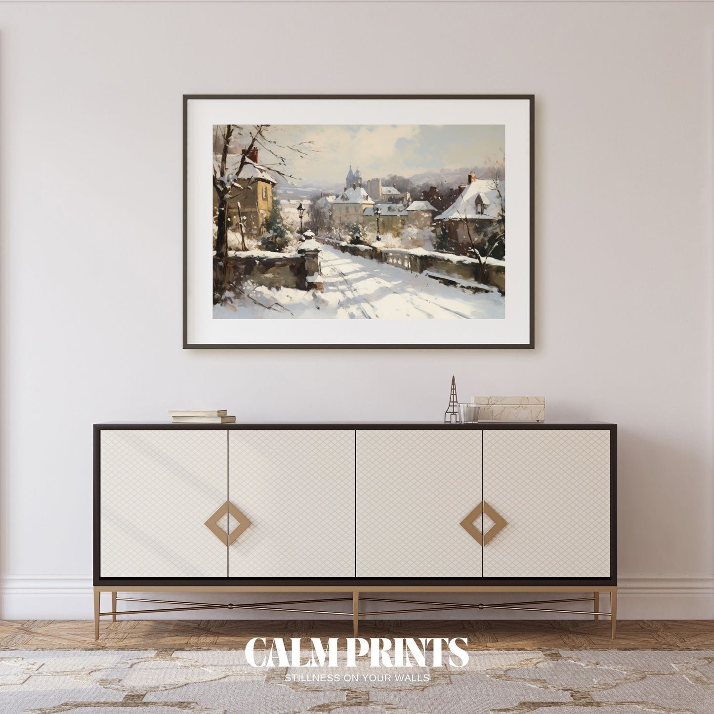 Poster of cosy village homes resting quietly under fresh winter snow