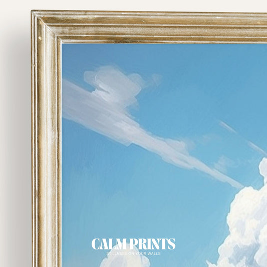 Fluffy white clouds drifting across a bright and peaceful sky