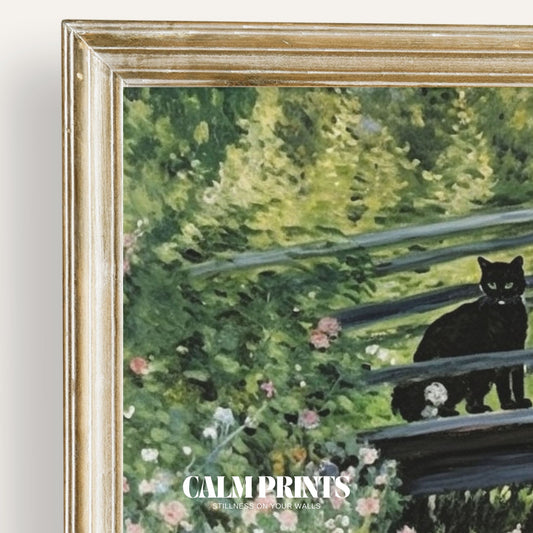 Nature print of a cat exploring a peaceful garden bridge in full bloom