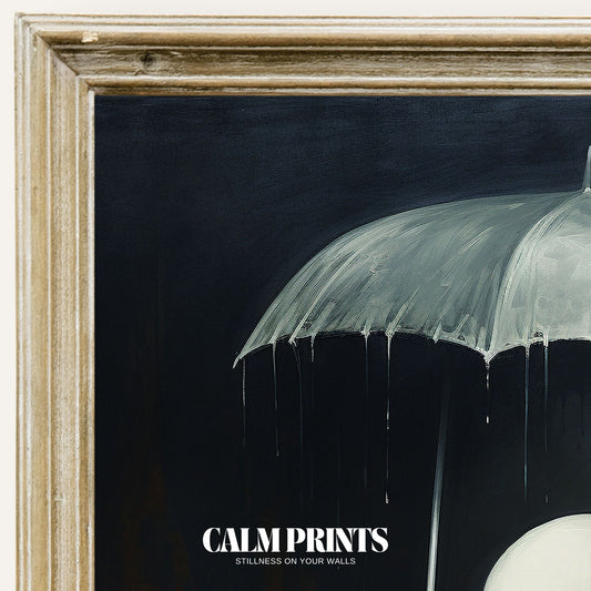 Print of a cute ghost standing in the rain under a glowing umbrella at night