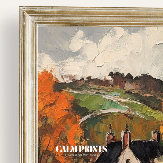 Golden autumn trees frame a quiet village scene in gentle afternoon glow