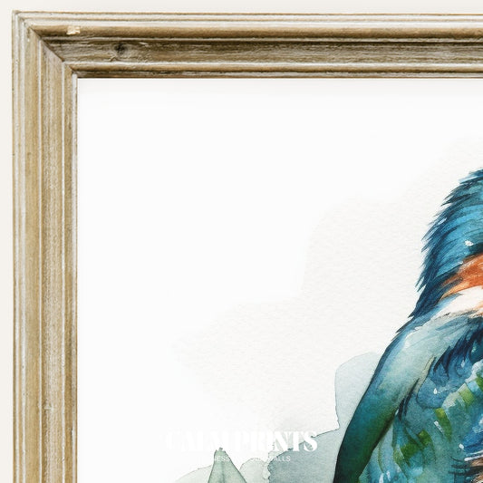Watercolour print of a colourful kingfisher perched in quiet elegance