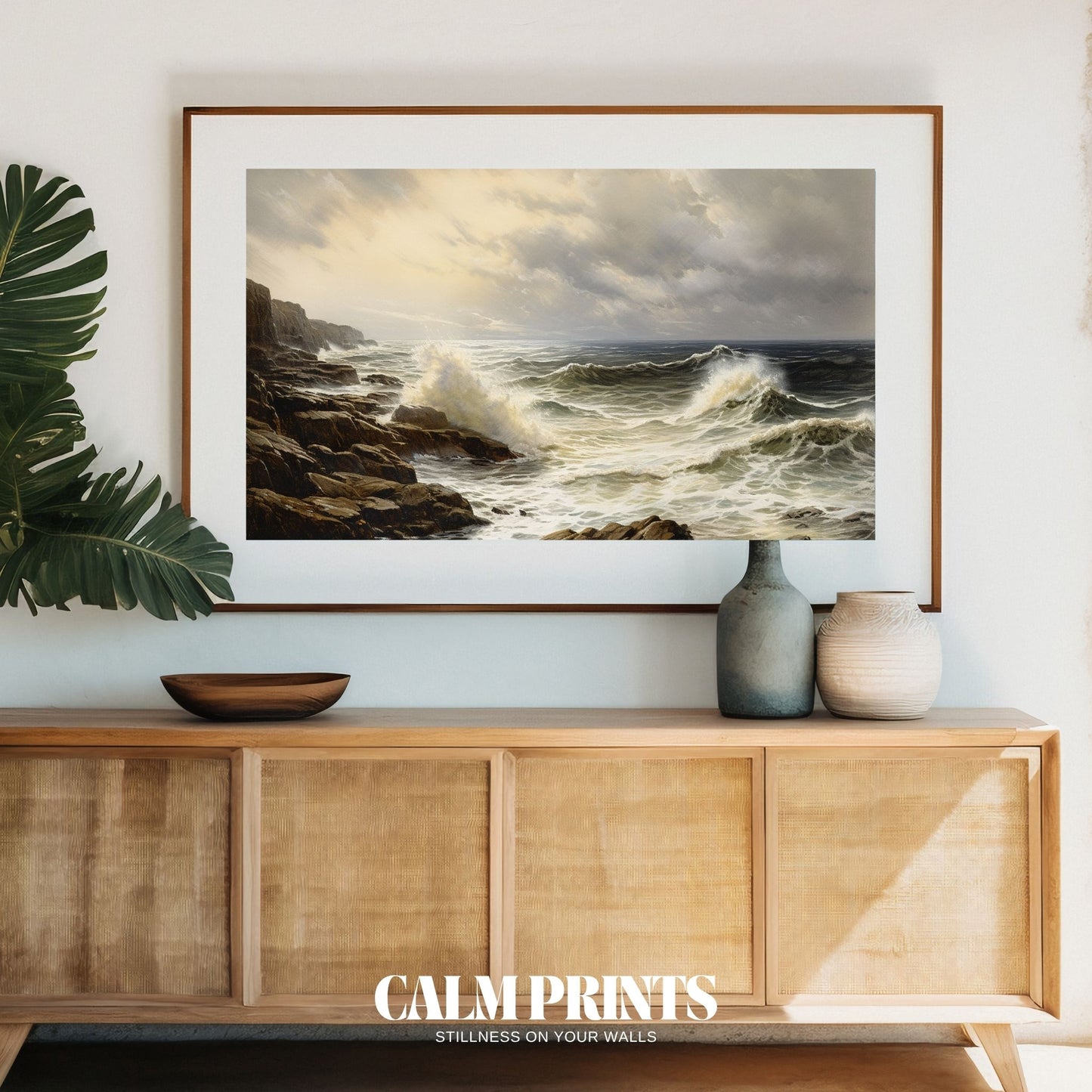 Poster capturing the fresh ocean breeze and quiet rocky beach scene