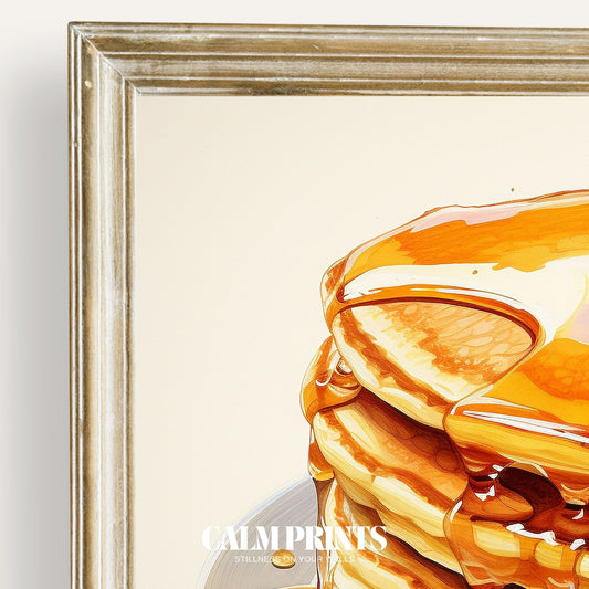 Art print of golden syrup cascading over a warm stack of pancakes