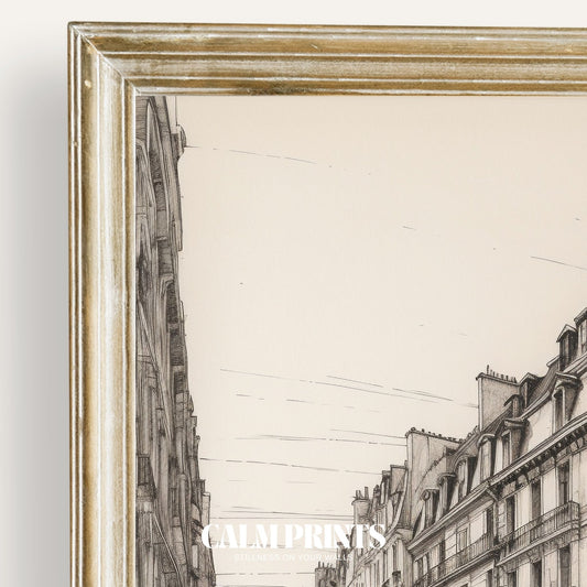 Line drawing of a quaint Paris street with wrought iron balconies and cafés