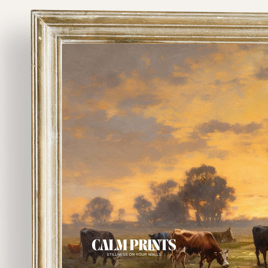 Print of a pastoral scene with cows near a quiet stream at dusk