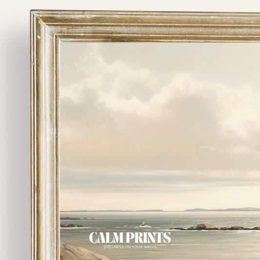 Print of a peaceful coastline painted in soft hues with tranquil detail