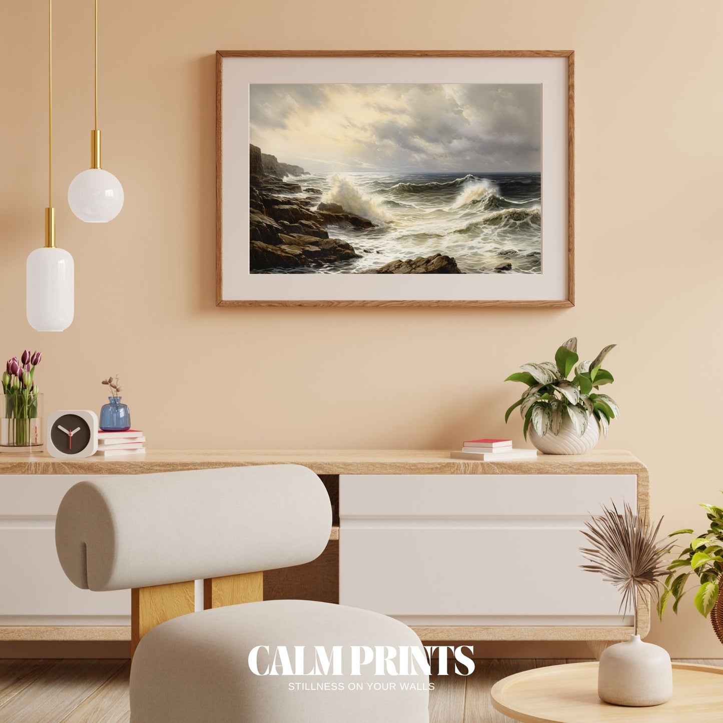 Peaceful seascape print with rhythmic waves and weathered rocks