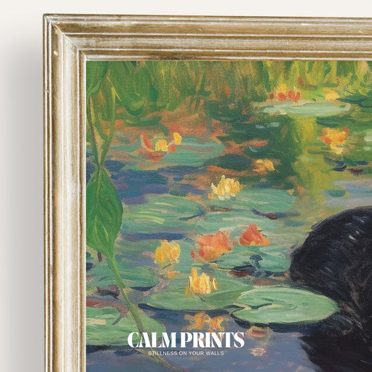 Art print of a black cat beside serene pond lilies in soft light