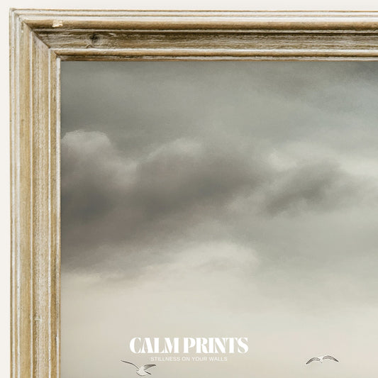 Print of seagulls gliding peacefully above a calm, sunlit shoreline