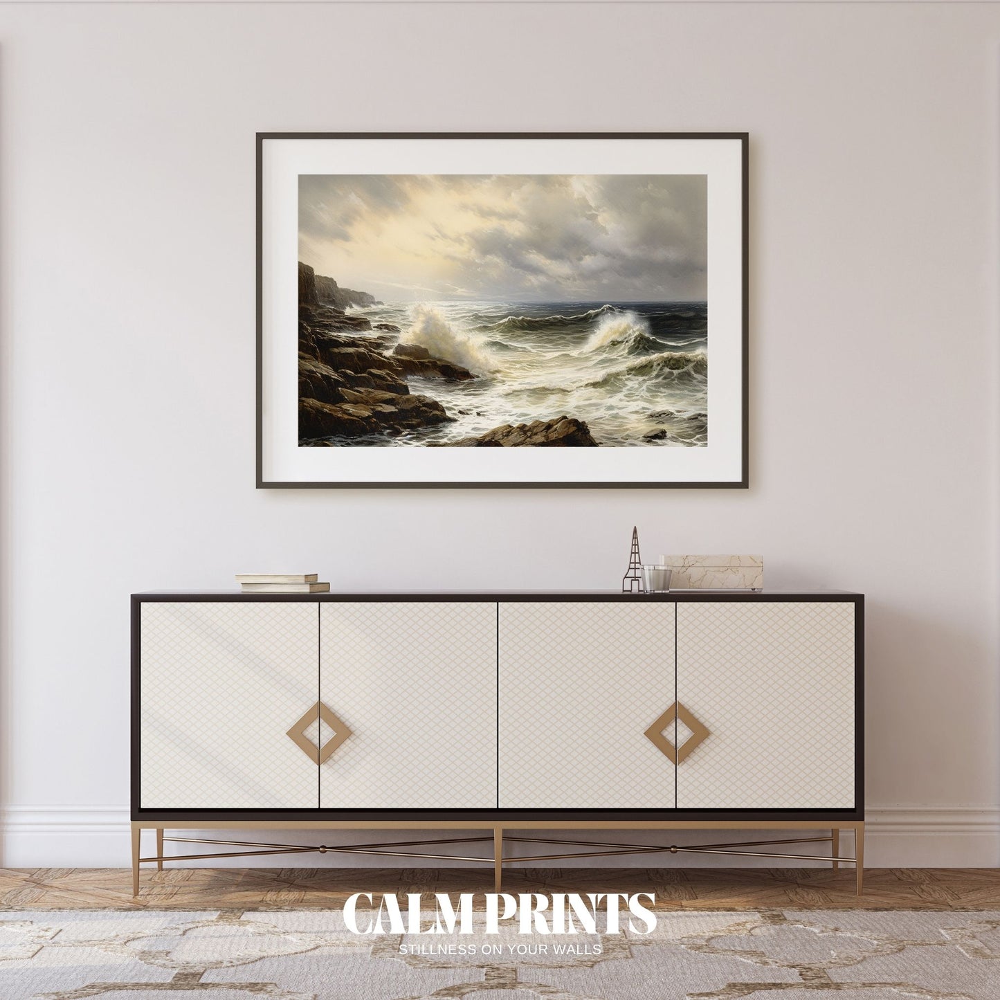 Artwork of serene waves lapping gently against a stony shoreline
