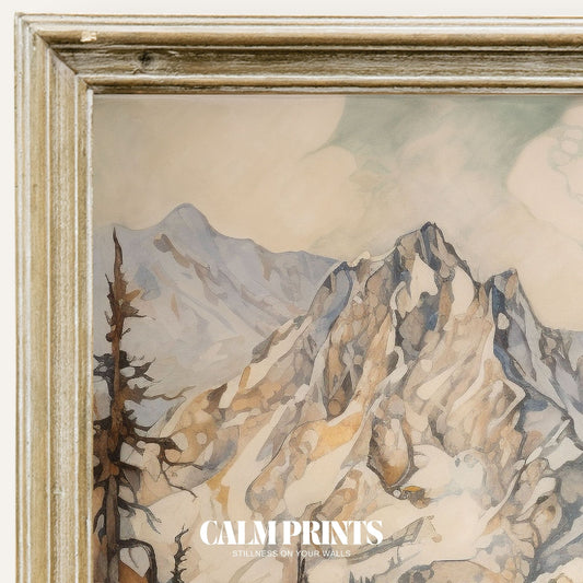 Artistic poster of snowy peaks rising above a colourful autumn valley