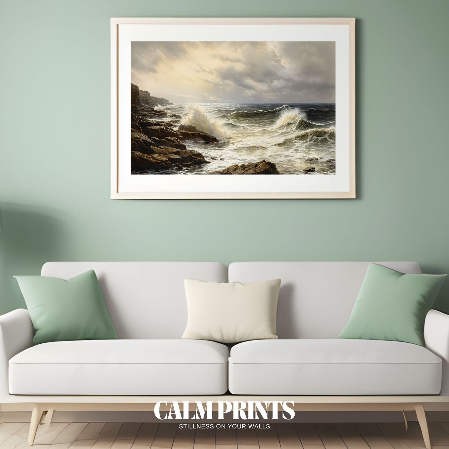 Soft blue waves embracing the coastal rocks in a soothing motion