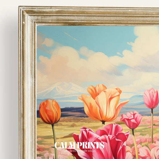 Print of a bright tulip meadow stretching across a sunlit spring landscape