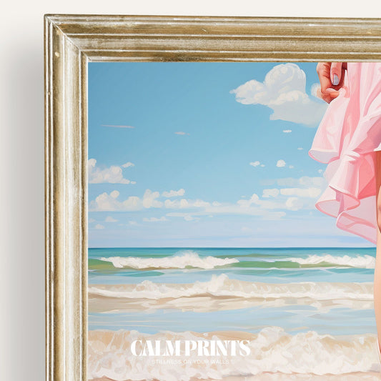 Stylish beach walk captured in pastel pink tones with breezy summer flair