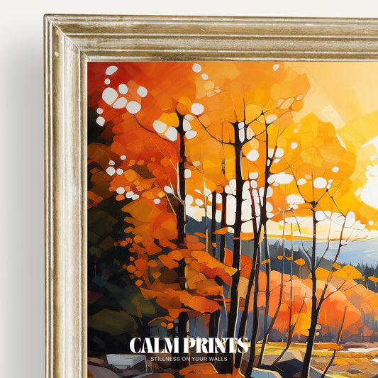 Print of a gentle stream bathed in warm autumn sunset light