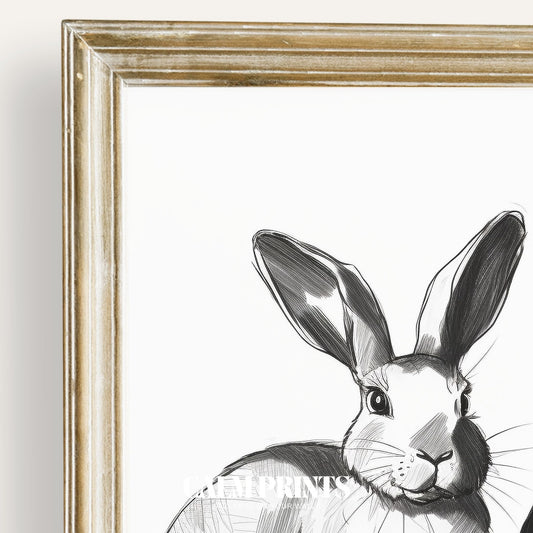 Black and white sketch of three sweet rabbits sitting side by side