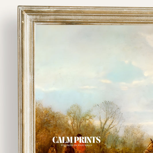 Art print of a tranquil landscape with hunters in quiet pursuit