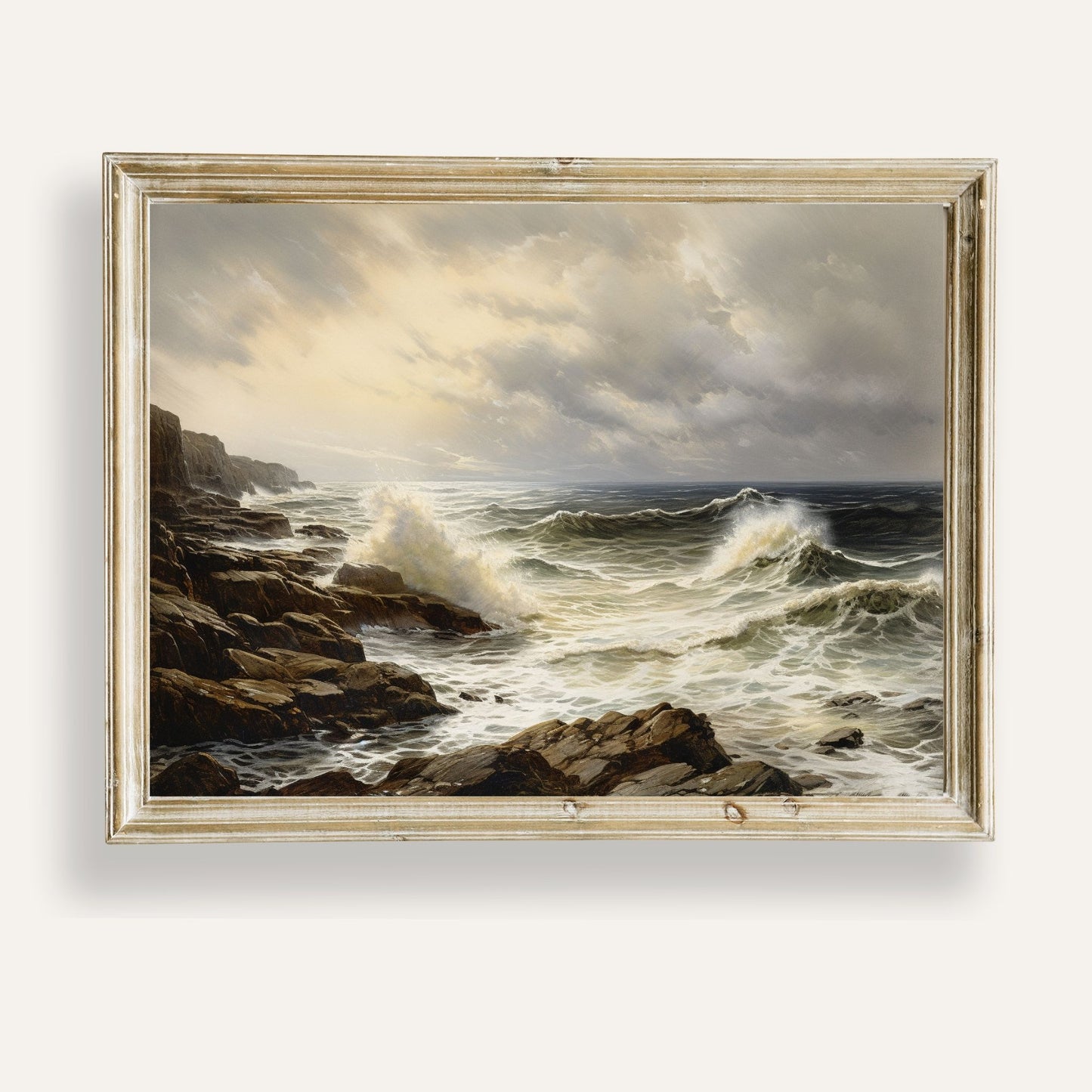 Gentle ocean waves softly rolling onto a peaceful rocky shoreline