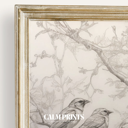 Pencil-style artwork of birds resting peacefully on tree limbs