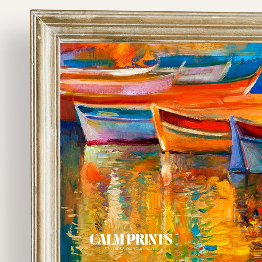Seaside print of vibrant boats mirrored beautifully on still water