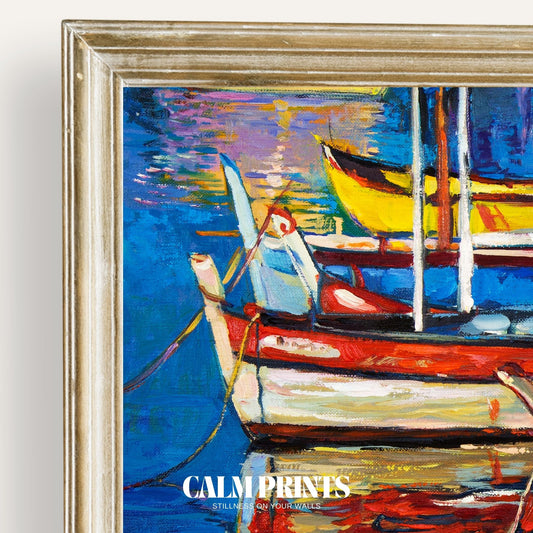 Print of vibrant rowboats docked in calm waters under soft coastal light
