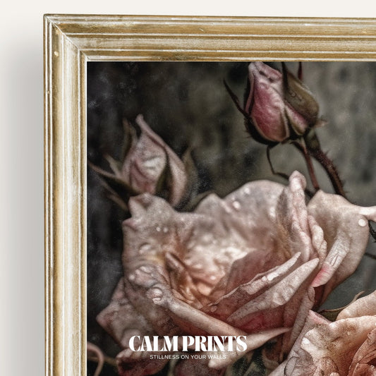 Art print of vintage-style roses gently touched by fresh morning dew