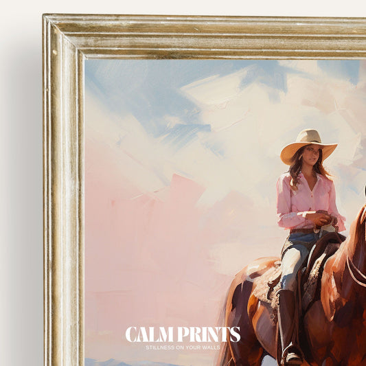 Print of cowgirls on horseback beneath a wide and cloud-dappled sky