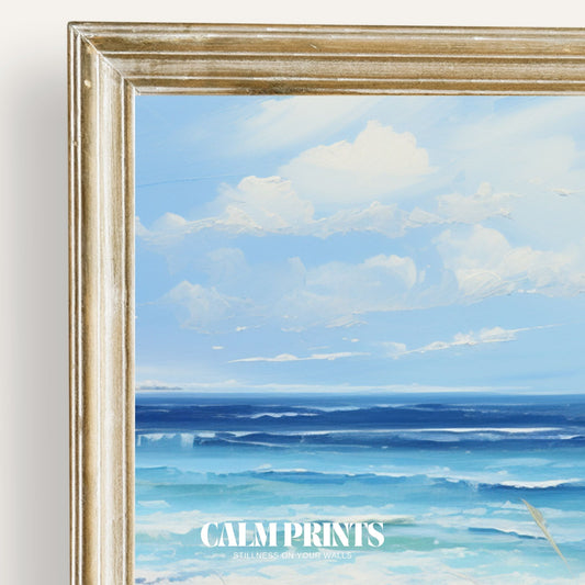 Seaside print of white blooms gently swaying along a peaceful ocean shore